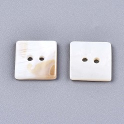 Seashell Color 2-Hole Freshwater Shell Buttons, Square, Seashell Color, 12x12x2mm, Hole: 1.4mm