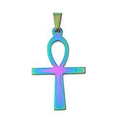 Rainbow Color Ионное покрытие (ip) 304 подвески из нержавеющей стали, Анк крест, Радуга цветов, 44.5x27x1.5 мм, отверстие : 5x9 мм