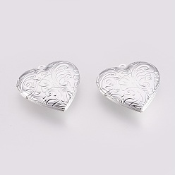 Silver Brass Photo Locket Pendants, Carved Pattern, Heart with Flower, Silver Color Plated, 29x28.5x6.5mm, Hole: 2mm, Inner Measure: 17x21mm