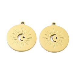 Real 18K Gold Plated Ion Plating(IP) 316L Surgical Stainless Steel Pendants, Flat Round with Sun Charm, Real 18K Gold Plated, 24.5x22x1.5mm, Hole: 1.8mm