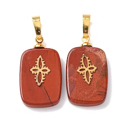 Красный Камень Природные красной яшмы подвески, с латунной фурнитурой и 304 кабошонами из нержавеющей стали, золотые, прямоугольник с цветочным узором подвески, 23~23.5x13~13.5x3.5~4 мм, отверстие : 7.5x4 мм