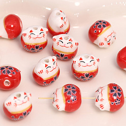 Red Handmade Porcelain Beads, Maneki Neko Cat, Red, 13x14mm