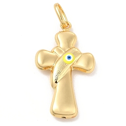 Yellow Brass Pendants, with Enamel, Real 18K Gold Plated, Long-Lasting Plated, Cross with Evil Eye Charm, Yellow, 40x26x7mm, Hole: 10x7mm