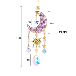Amethyst Glass & Amethyst Nuggets Moon Pendant Decorations, Hanging Suncatchers, with Brass Findings, for Home Decoration, 470mm