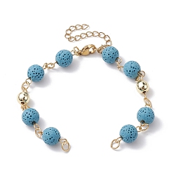 Sky Blue Dyed Natural Lava Rock Round Beaded Chain Bracelet Making, with Golden 304 Stainless Steel Findings, Fit for Connector Charms, Sky Blue, 6-3/4 inch(17cm)