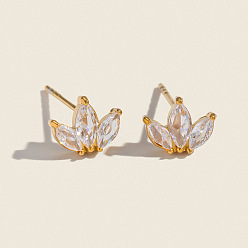 Chapado en Oro Real 18K 304 aretes de flor de acero inoxidable, con un claro zirconia cúbico, real 18 k chapado en oro, 6x8 mm