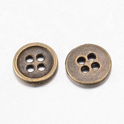 Antique Bronze Alloy Buttons, 4-Hole, Flat Round, Tibetan Style, Antique Bronze, 15x1.5mm, Hole: 1mm
