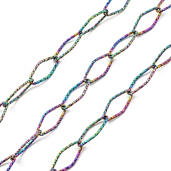 Rainbow Color Ion Plating(IP) 304 Stainless Steel Textured Horse Eye Link Chains, Soldered, with Spool, Rainbow Color, 15x7x1mm, about 16.40 Feet(5m)/Roll