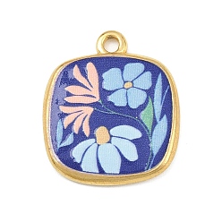Королевский синий Печатные 304 подвески из нержавеющей стали, квадратные с цветком, вакуумное покрытие pvd, реальный 18 k позолоченный, королевский синий, 21x18x2 мм, отверстие : 1.8 мм