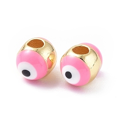 Hot Pink Evil Eyes Brass Enamel Beads, Cadmium Free & Lead Free, Real 18K Gold Plated, Oval, Hot Pink, 7x5.5mm, Hole: 2mm