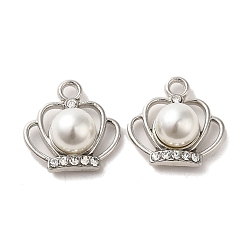 Platinum Alloy with Rhinestone Pendants, with ABS Imitation Pearl, Crown Charms, Platinum, 17x17x9mm, Hole: 2.2mm