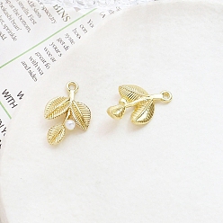 Golden Alloy Pendants, with Plastic Imitation Pearl Beads, Leafy Branch Charms, Golden, 20x13mm
