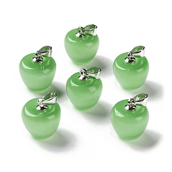 Light Green Cat Eye Pendants, with Iron Loops, Dyed, Apple, Light Green, 15x13.5mm, Hole: 5x3mm