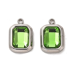 Green 304 Stainless Steel Pendants, with Glass, Rectangle Charms, Green, 13.5x9x4mm, Hole: 1.4mm