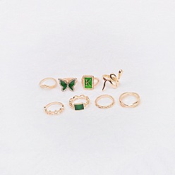 main image Personalized jewelry, snake-shaped green hollow eight-piece ring set, fashionable geometric square diamond butterfly letter ring