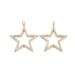 Golden Brass Micro Pave Cubic Zirconia Pendants, with Jump Rings, Long-Lasting Plated, Star, Clear, Golden, 31x30x2mm, Hole: 3mm