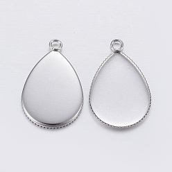 Stainless Steel Color 304 Stainless Steel Pendant Cabochon Settings, Milled Edge Bezel Cups, Drop, Stainless Steel Color, Tray: 24x18mm, 29x18.5x1.2mm, Hole: 2.4mm