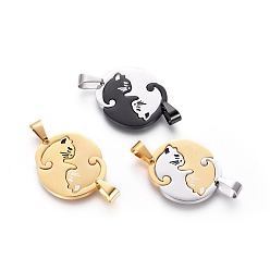 Mixed Color 304 Stainless Steel Split Kitten Pendants, with Enamel, Flat Round with Cat Shape, Mixed Color, 27x2mm, Hole: 8x5mm, Single: 24x21x2mm, 2pcs/set