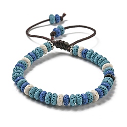 Bleu Ciel Bracelet de perles tressées réglable en pierre de lave naturelle teint en disque, avec les accessoires en pvc, bleu ciel, diamètre intérieur: 2-1/8~3-3/8 pouce (5.3~8.5 cm)