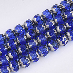 Blue Electroplate Glass Beads Strands, Half Silver Plated, Faceted, Round, Blue, 8~8.5x7~8mm, Hole: 1mm, about 40pcs/strand, 11.8 inch