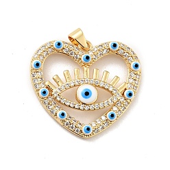 White Rack Plating Brass Micro Pave Clear Cubic Zirconia Pendants, with Enamel, Cadmium Free & Lead Free, Heart with Evil Eye, Real 18K Gold Plated, White, 24.5x27x4.5mm, Hole: 3x3.7mm