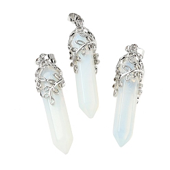 Опал Opalite подвески, пулевые чары, с латунной отделкой в виде листа, без кадмия и без свинца, 44~46x11.5~12x12 мм, отверстие : 8x5 мм