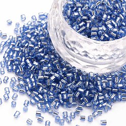Cornflower Blue Glass Bugle Beads, Silver Lined, Cornflower Blue, 1.8~2.2x1.8~2mm, Hole: 0.8~0.9mm, about 15000pcs/pound