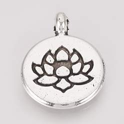 Antique Silver Tibetan Style Alloy Pendants, Flat Round with Lotus, Cadmium Free & Lead Free, Antique Silver, 19.5x15x2mm, Hole: 1mm, about 540pcs/1000g