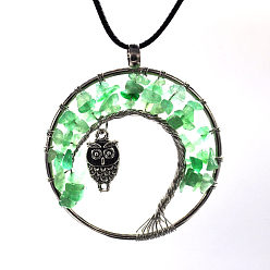 Green Aventurine Natural Green Aventurine Chips Tree of Life Pendant Necklaces, Brass Owl Necklace with Wax Ropes, 19.69 inch(50cm)