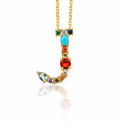 Letter J Golden Brass Micro Pave Cubic Zirconia Initial Pendants Necklaces, with Cable Chains, Colorful, Letter, Letter.J, 17.9~18.1 inch(45.5~46cm)x1.5mm, LetterJ: 20x15x6mm