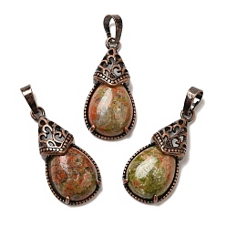 Унакит Природные подвески Unakite, латунные подвески-капли, Красная медь, без свинца и без кадмия, 31x15x8 мм, отверстие : 5x7.5 мм