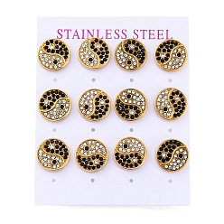 Золотой 304 серьги из нержавеющей стали горный хрусталь, вакуумное покрытие pvd, плоские круглые с инь-янь, золотые, 13 мм, 6 пара / комплект