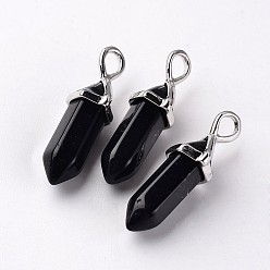 Obsidian Bullet Natural Obsidian Pendants, with Platinum Tone Random Alloy Pendant Hexagon Bead Cap Bails, 27~31x10x8mm, Hole: 4x3mm