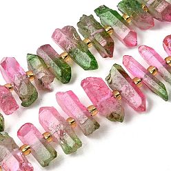 Pink Гальванические природный кристалл кварца бусы пряди, граненые, окрашенные, палочка для наггетсов, с бисером, розовые, 11~25x3~9x4~10 мм, отверстие : 1~1.2 мм, около 19~26 шт / нитка, 7.09~7.48'' (18~19 см)