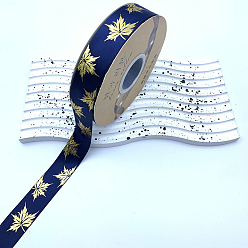 Midnight Blue 48 Yards Thanksgiving Day Polyester Satin Ribbons, Gold Stamping Maple Leaf, Midnight Blue, 1 inch(25mm), about 48.00 Yards(43.89m)/Roll