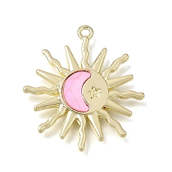 Light Gold Подвески латуни cmолы, амулеты солнца, луны и звезд, розовый жемчуг, золотой свет, 26x23.5x2.5 мм, отверстие : 1.4 мм