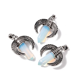 Opalite Opalite Pendants, with Antique Silver Tone Alloy Ox Horn Findings, Cadmium Free & Lead Free, Faceted Bullet Charm, 49x36x15mm, Hole: 4x8mm