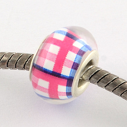 Deep Pink Large Hole Resin European Beads, with Silver Color Plated Brass Double Cores, Rondelle, Deep Pink, 14x9~10mm, Hole: 5mm