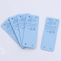 Light Blue Microfiber Label Tags, with Holes & Word handmade & Bees, for DIY Jeans, Bags, Shoes, Hat Accessories, Rectangle, Light Blue, 50x20mm