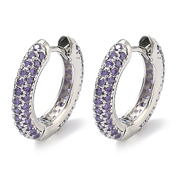 Лиловый Латунные микро проложить серьги обруча кубического циркония, без кадмия и без свинца, долговечный, стойки покрытие, платина, сирень, 16.5x17x3.5 мм
