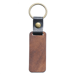 Rectangle Imitation Leather & Wood Keychain, with Iron Findings, Rectangle, 12x3cm