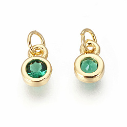 Green Brass with Single Cubic Zirconia Charms, Single Stone Charms, Flat Round, Golden, Green, 6.5x4.5x2mm, Hole: 2.5~3mm