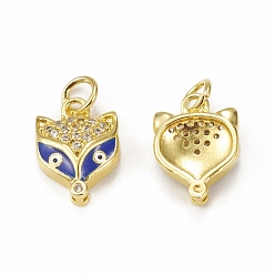 Blue Brass Micro Pave Cubic Zirconia Charms, with Jump Ring & Enamel Evil Eye, Fox Head Charm, Golden, Blue, 13.5x10x3mm, Hole: 3mm