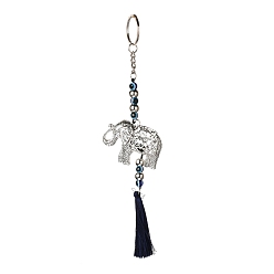 Antique Silver & Platinum Elephant Alloy Big Pendant Decorations, with Evil Eye Resin Beads, Plastic Beads,  Polyester Tassels, Iron Findings, Wall Hanging Decoration, Antique Silver & Platinum, 240mm