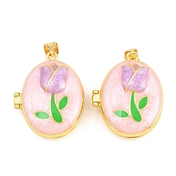 Pink Подвески латуни медальон, с эмалью, без кадмия и без свинца, реальный 18 k позолоченный, стойки покрытие, долговечный, цветок с овальными подвесками, розовые, 26.5x21x10.5 мм, отверстие : 3x5 мм
