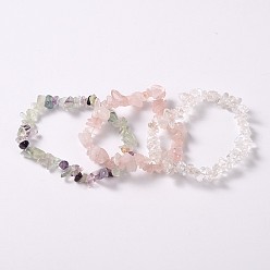 Pink Multi-strand Gemstone Chips Stretch Bracelets, 3 Bracelets a Set, Pink, 53~55mm