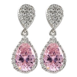 Pink Серьги-гвоздики из латуни с микропаве и кубическим цирконием, покрытие стойки, слеза, розовые, 24x10 мм