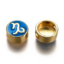 Capricorn Brass Beads, with Enamel, Flat Round with Constellation, Real 18K Gold Plated, Blue, Capricorn, 10x5mm, Hole: 4.5x2.5mm