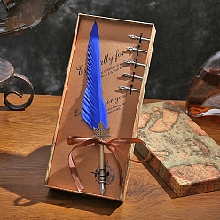 Blue Feather Quill Pen, Vintage Feather Dip Ink Pen Set, Alloy Pen Stem Writing Quill Pen Calligraphy Pen As Christmas Birthday Gift Set, Blue, Packing: 28x11.5cm
