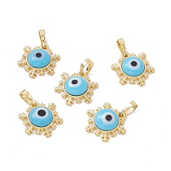 Deep Sky Blue Handmade Evil Eye Lampwork Pendants, with Rack Plating Real 18K Gold Plated Brass Findings, Long-Lasting Plated, Snowflake Charm, Deep Sky Blue, 15x14x4mm, Hole: 4x6.5mm